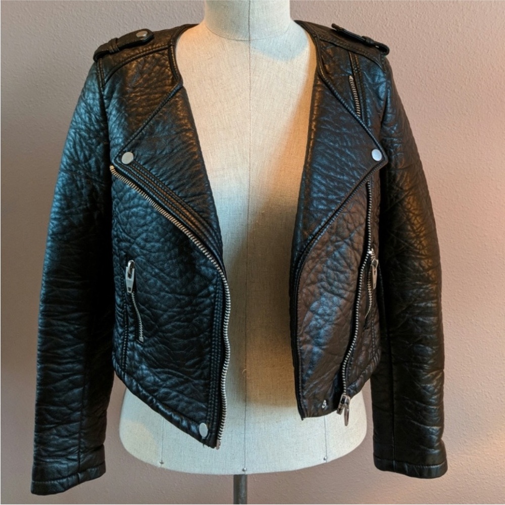 Cropped Textured Faux Leather Moto JKT